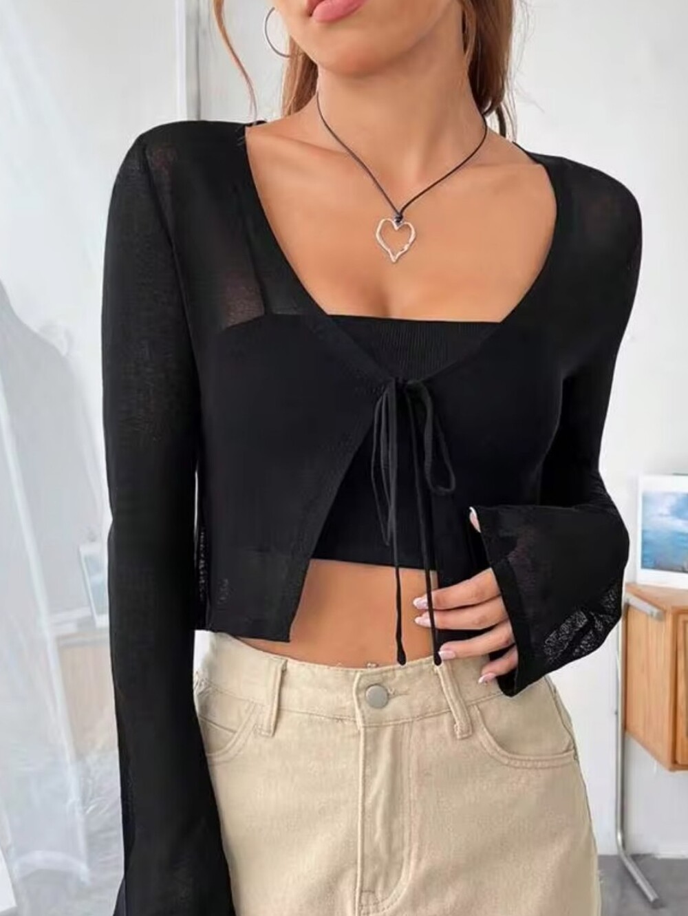 Sheer Black Tie-Front Bolero